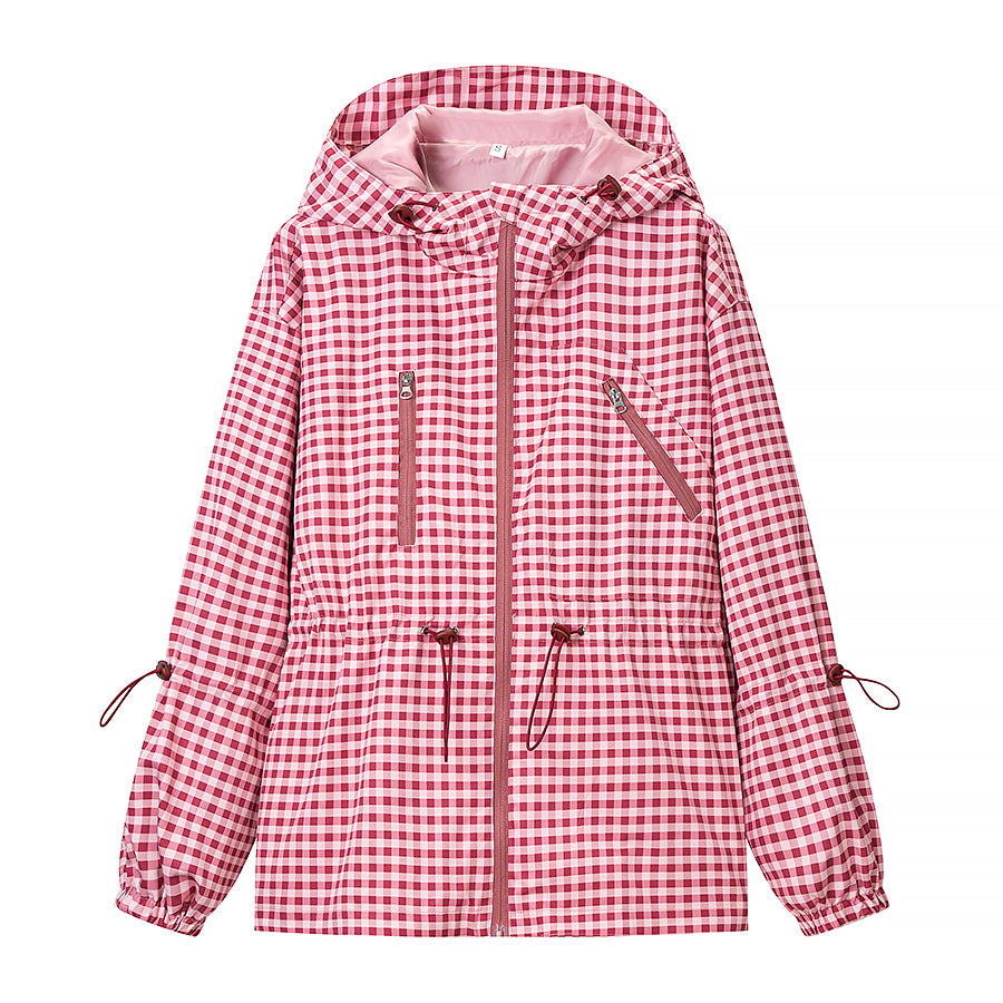 Waist Controlled Slimming Hooded Plaid Coat