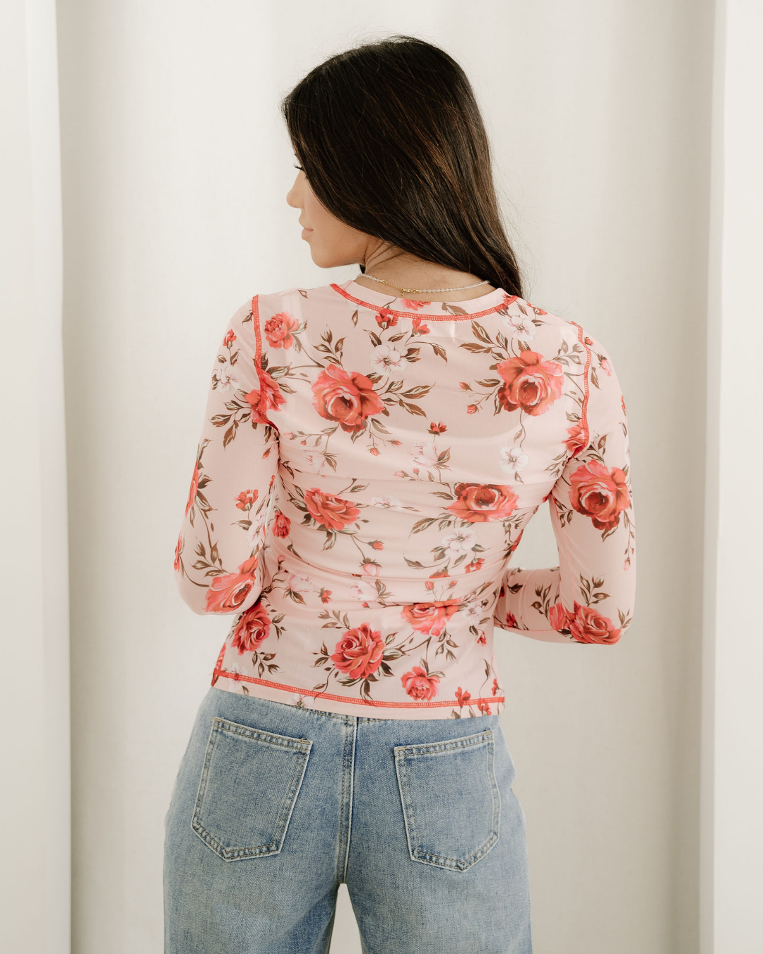 Rose Semi Sheer Crew Neck Long Sleeve Mesh Layering Top