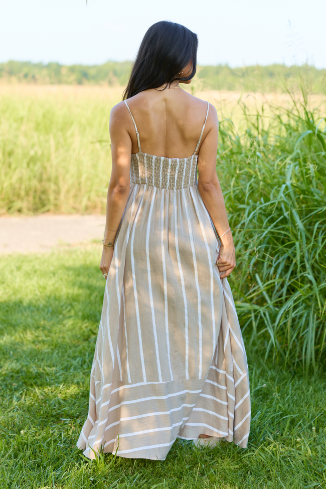 Come Sail Away Neutral Striped Maxi Dress
