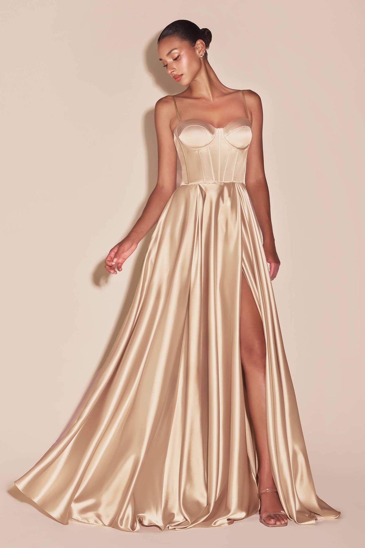 Long A-Line Slit Satin Bustier Dress
