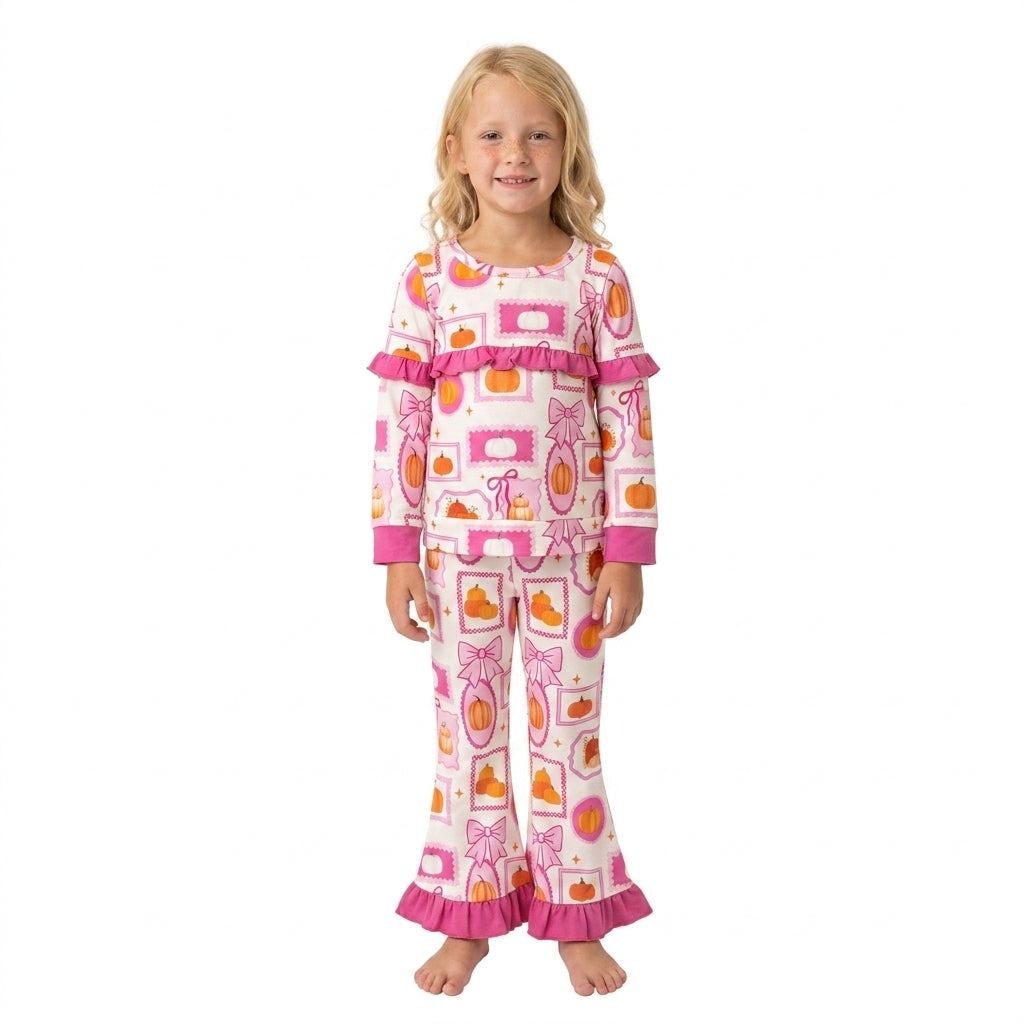 Hot pink ruffle pumpkin bow top pants girls fall outfits