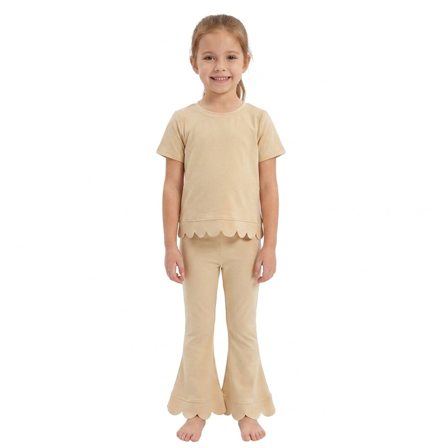 Short sleeves scallop beige cotton top pants girls outfits