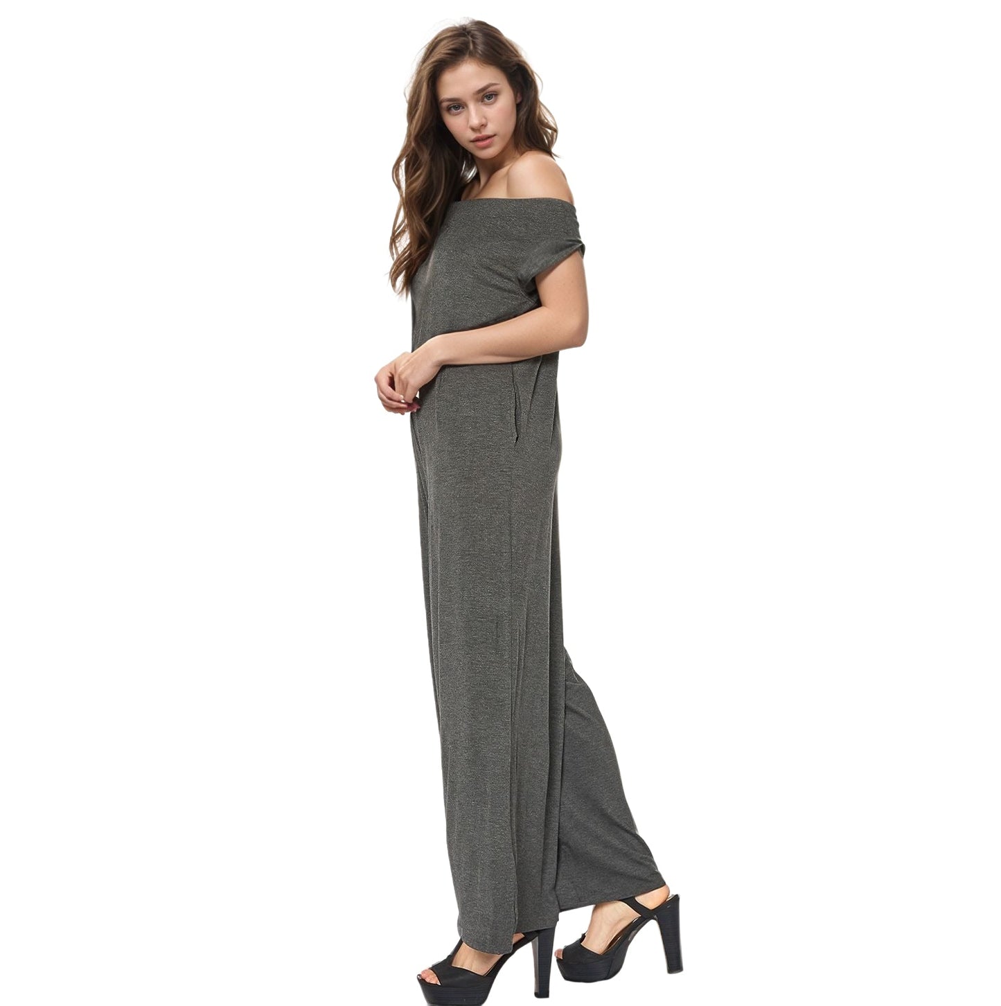 Off Shoulder Wide Leg Jumpsuit With Pockets