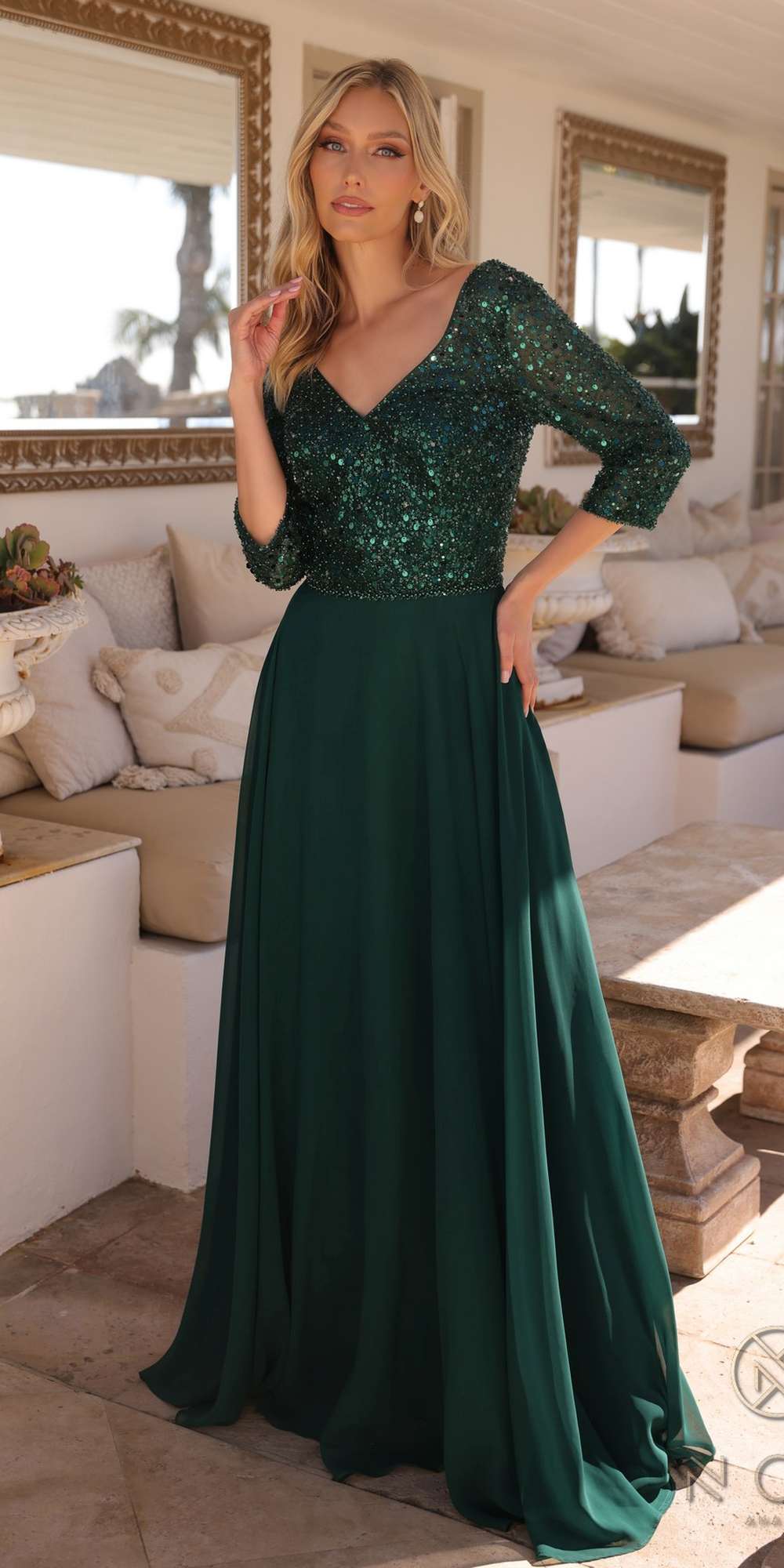 Long Sequin Bodice 3/4 Sleeve A-line Gown