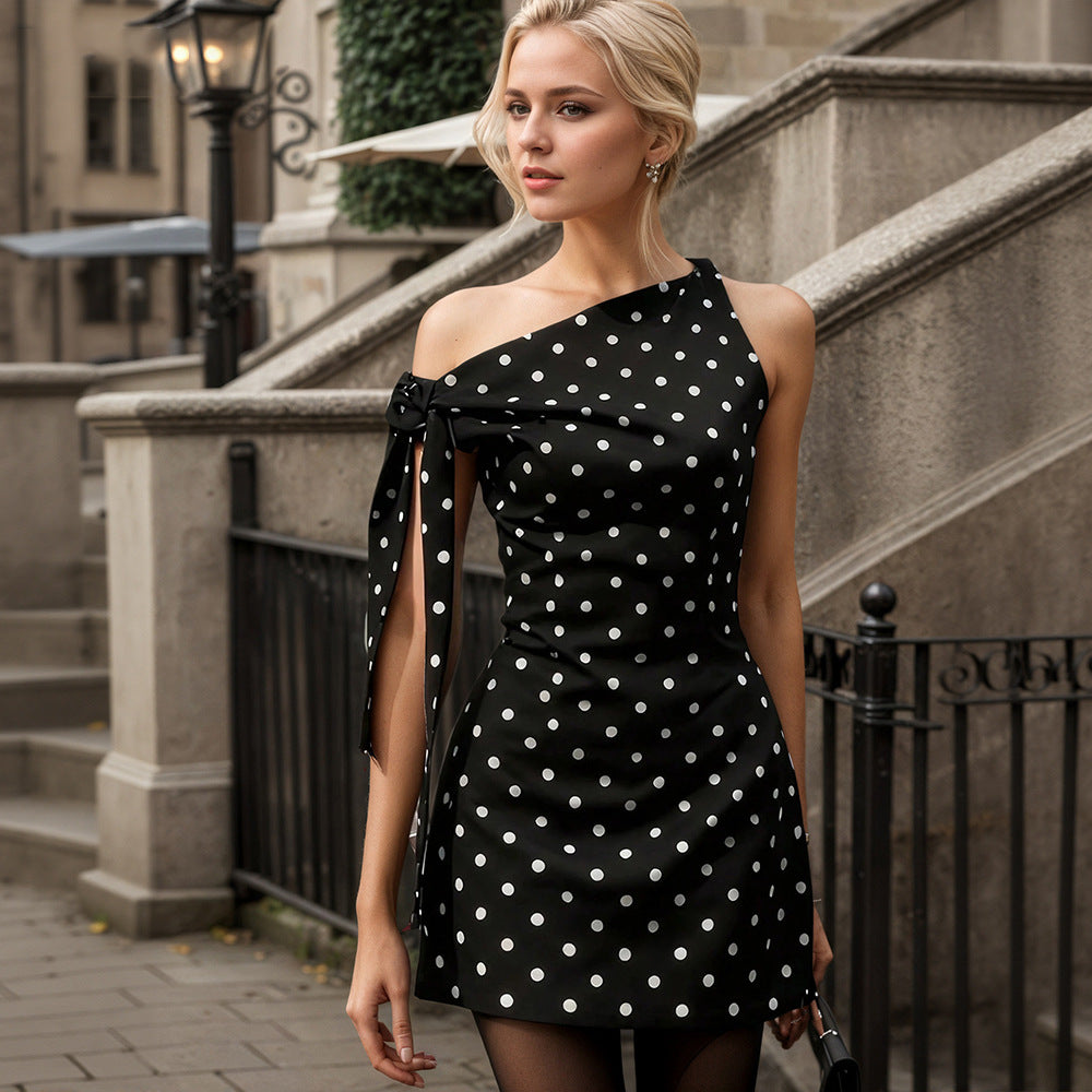 Retro Dots Sleeveless Slim Fit One Side off Shoulder Short Dress