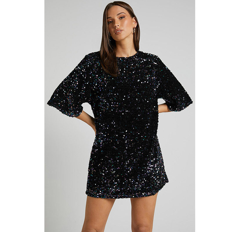 Velvet Sequin Short Sleeve Dress