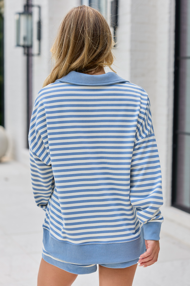 Keep It Easy Blue And White Striped Quarter Zip Pullover