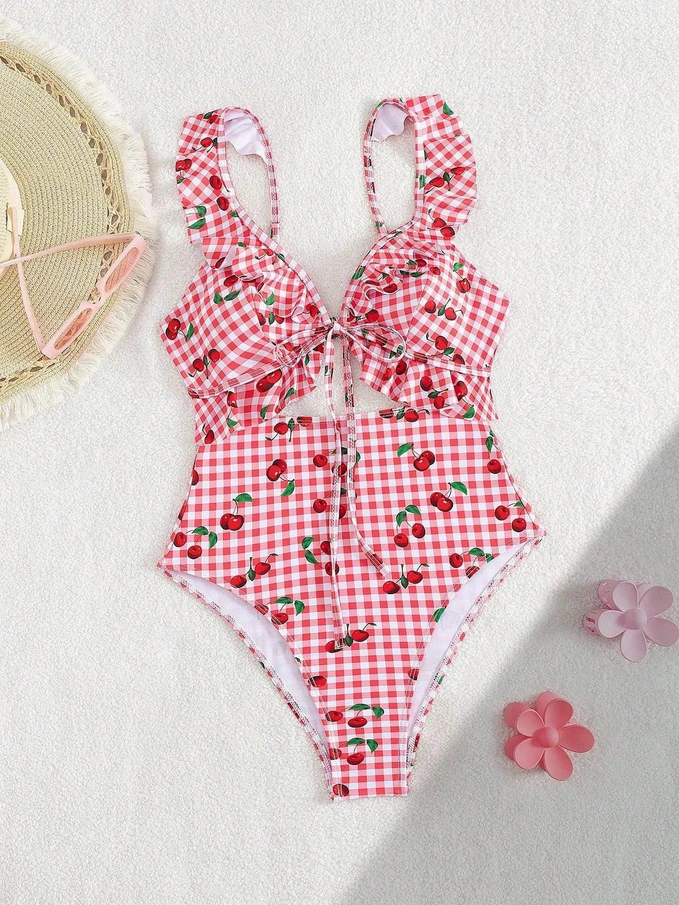 Vintage Pink Starberry Print One Piece Swimsuit