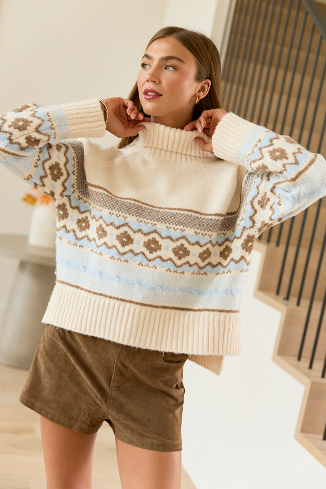 Winter Cottage Cropped Fair Isle Turtleneck Sweater Blue/White