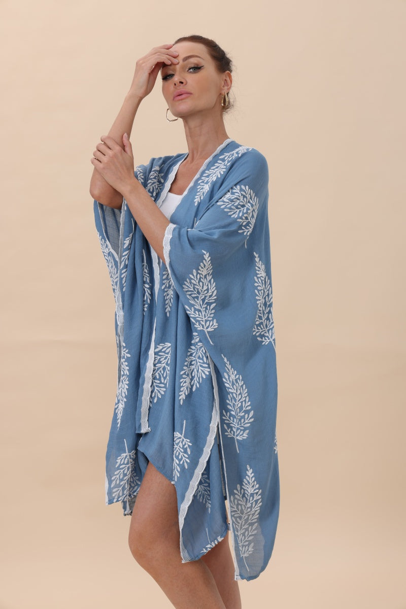 Botanical Leaf Embroidered Kimono Cardigan Boho Clothing and Accessories
