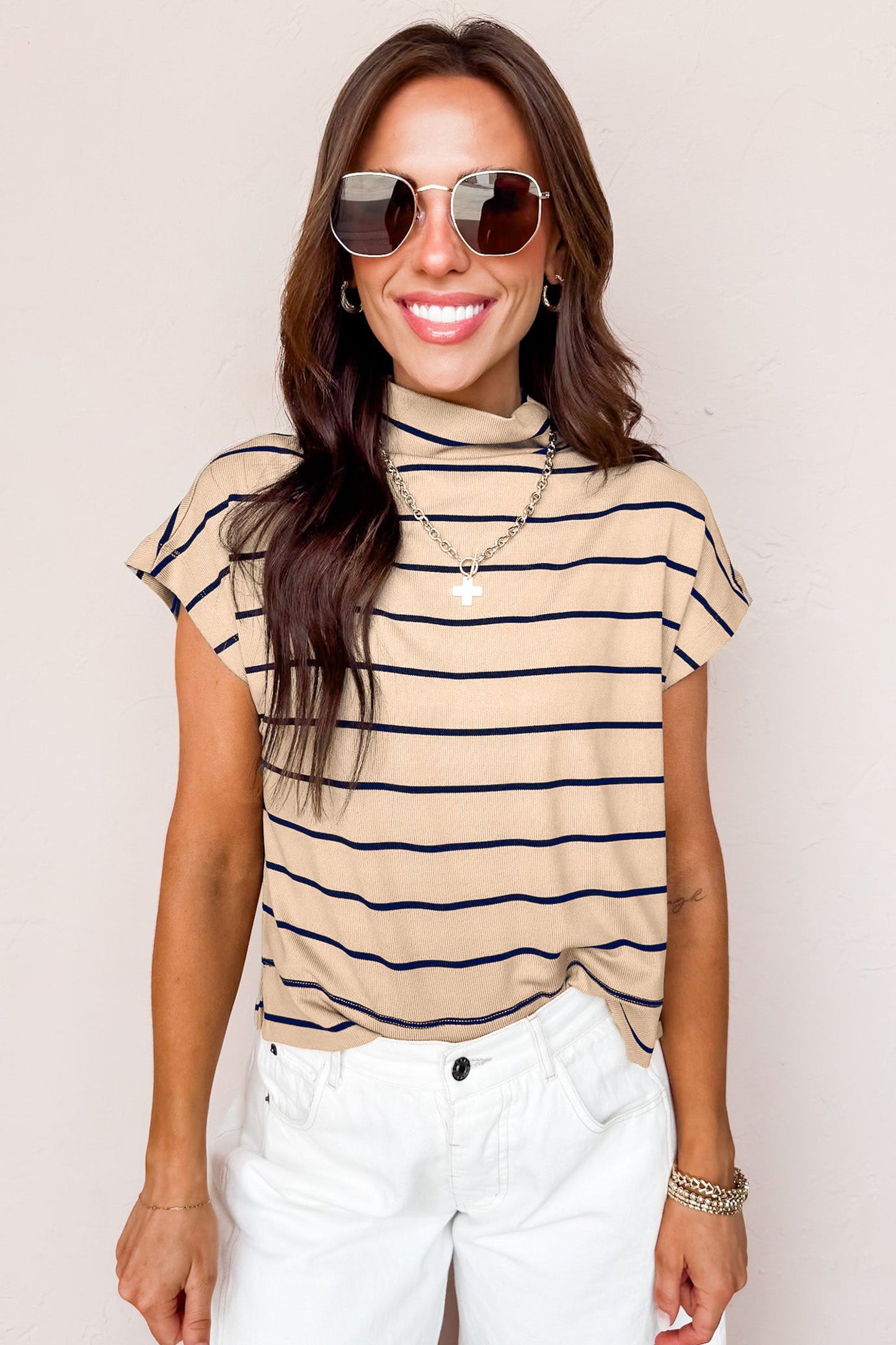 Khaki Stripe Short Sleeve Loose Top