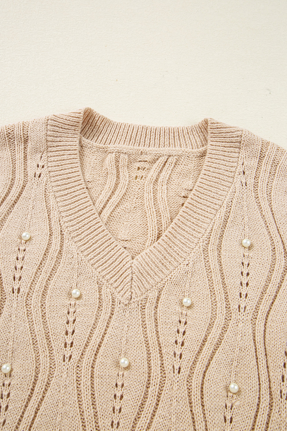 Pearl Beaded Pointelle Knit V-Neck Lace Trim Sweater