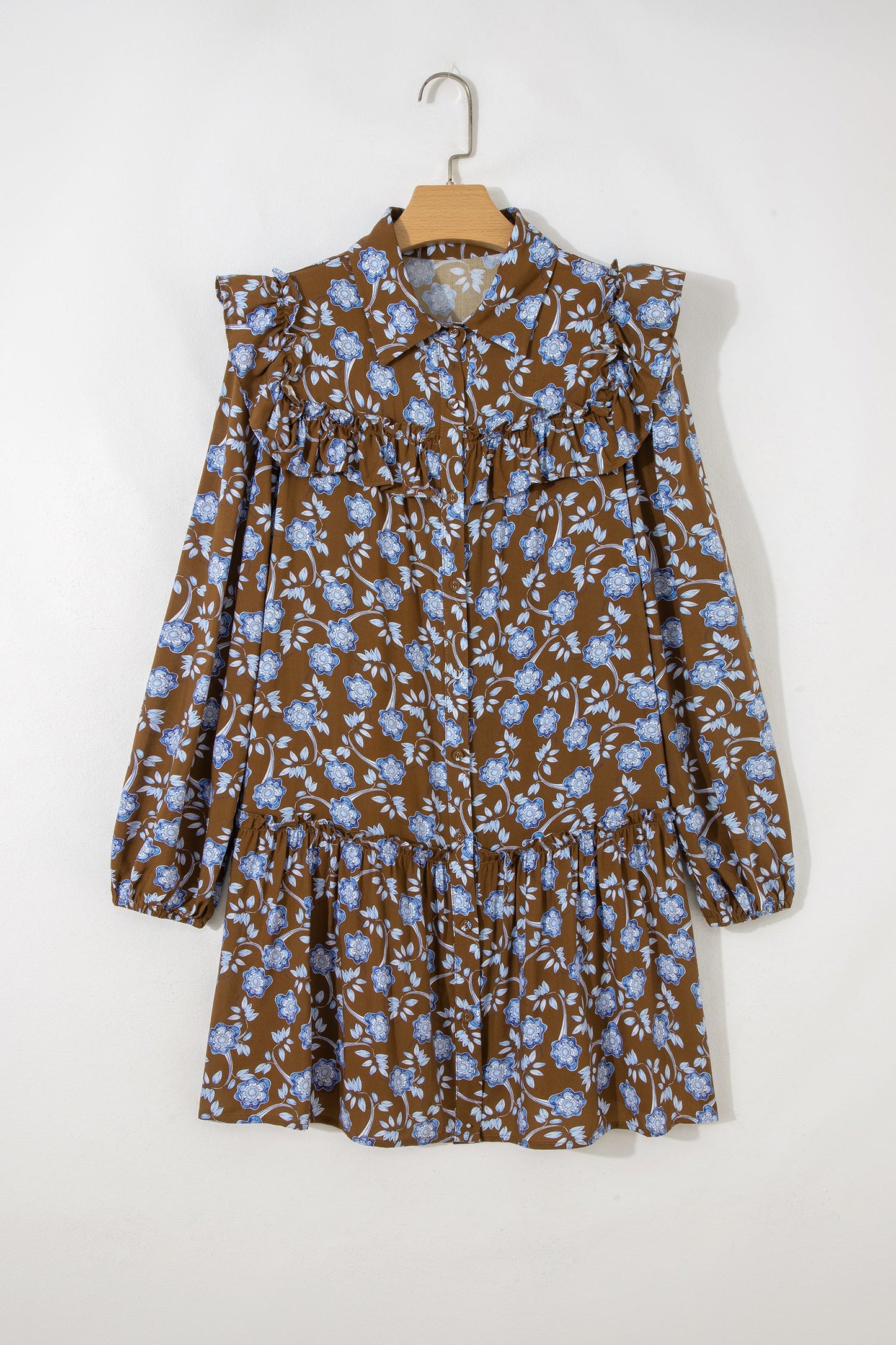 Floral Ruffle Shirt Collar Buttoned Long Sleeve Dress