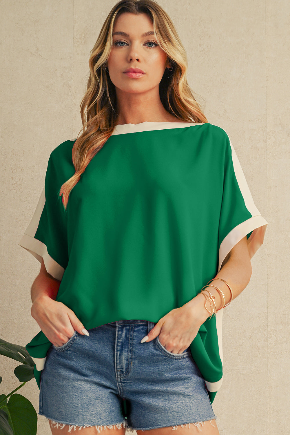 Color Block Boat Neck Tunic Blouse