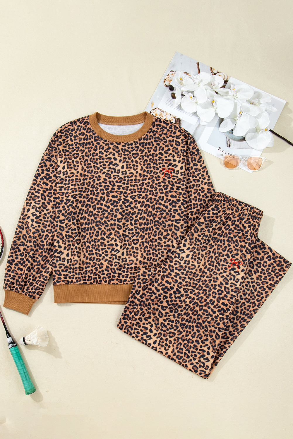 Leopard Bow Embroidered Pullover and Pants Set