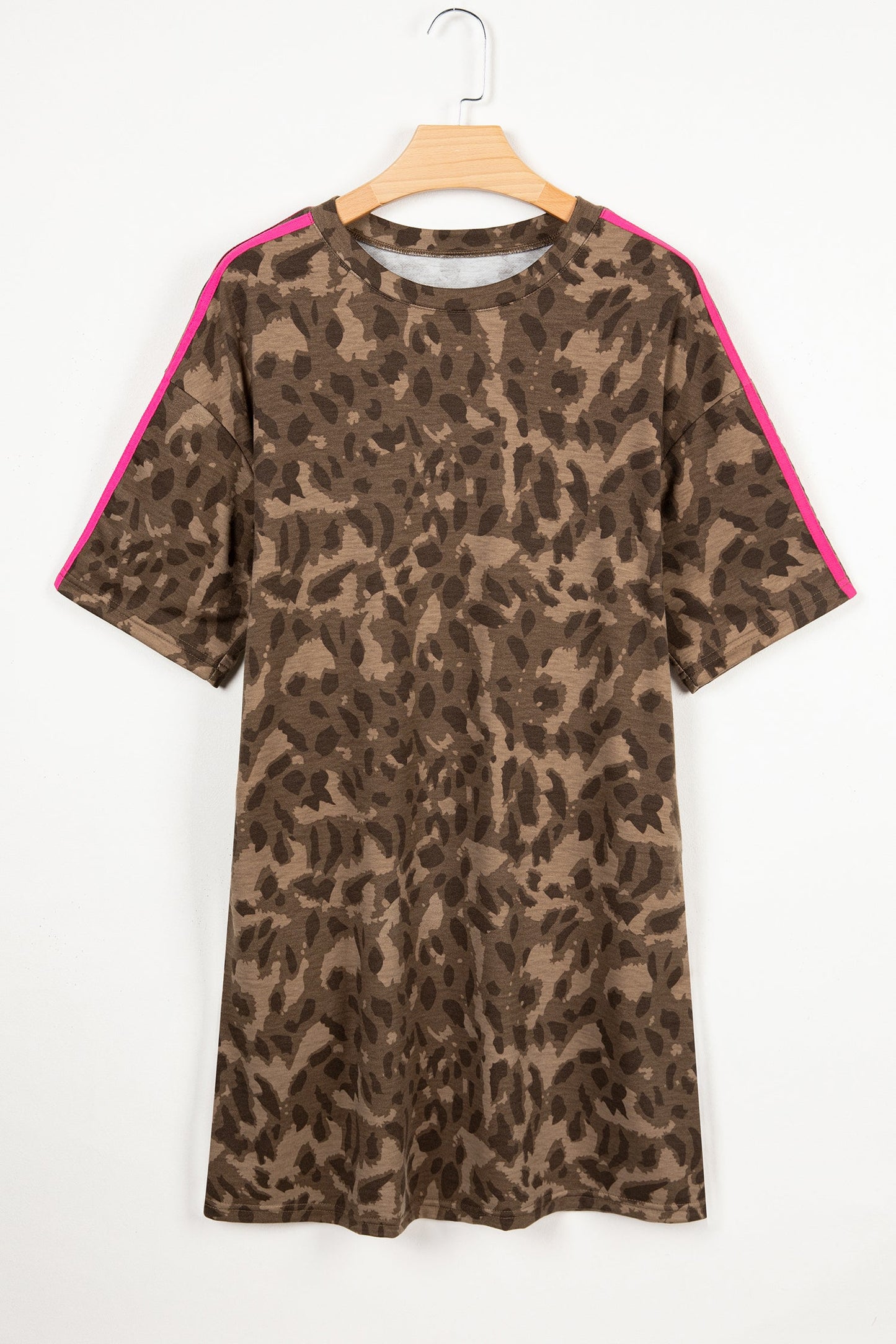 Leopard Contrast Stripe Mini T-Shirt Dress w/ Pockets