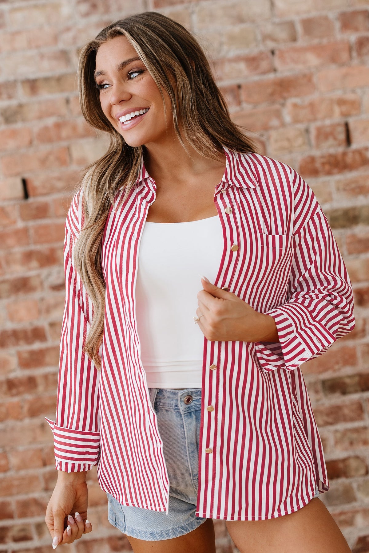 Stripe Patch Pocket Side Slit Buttoned Shirt