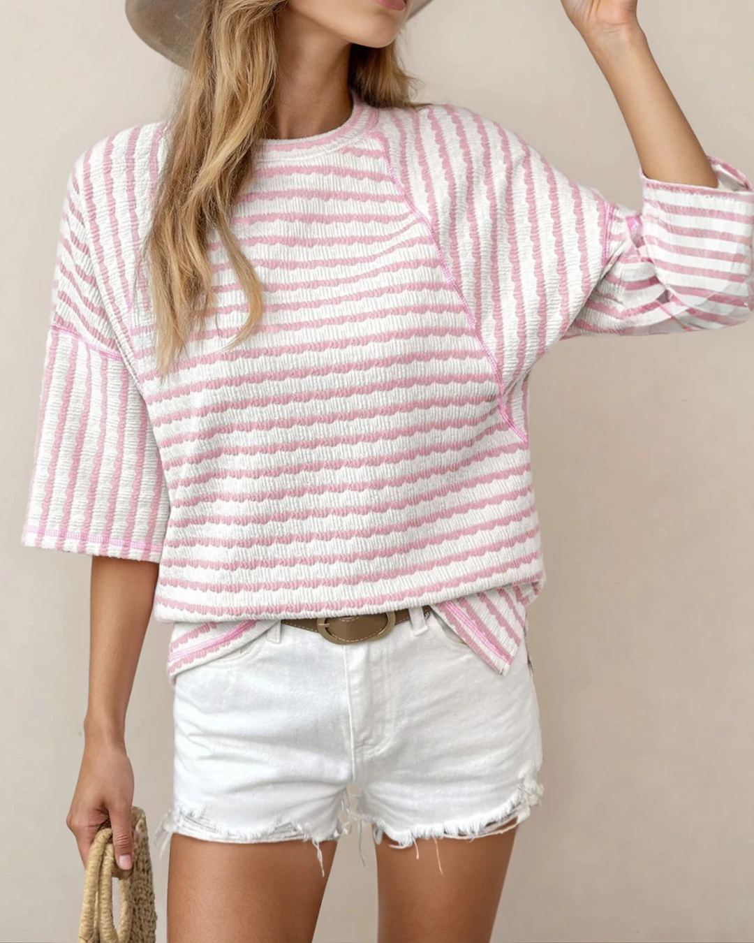 Noelle Textured Knit Split Hem Half Sleeve Loose Top - Pink
