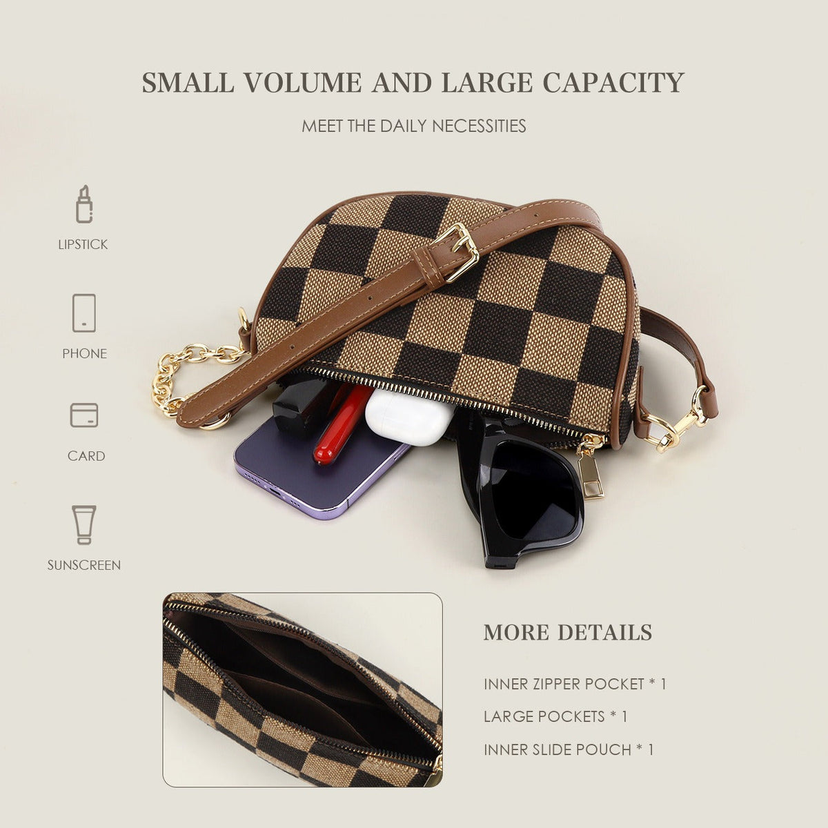 Small Crossbody Bag – Versatile Commute with Checkerboard Canvas