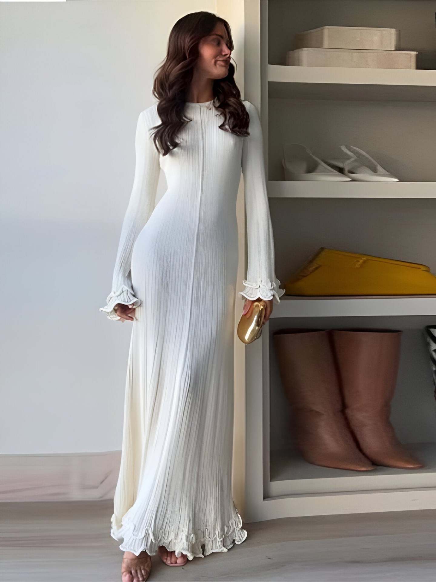 Cotton Wavy Side Backless Lace up Long Sleeve Dress