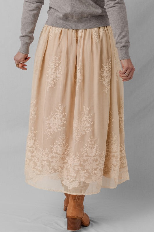 Solid Embroidered Mesh Overlay Midi Skirt