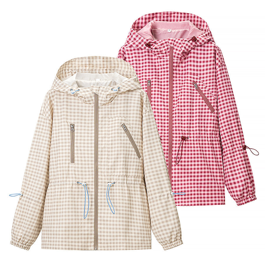 Waist Controlled Slimming Hooded Plaid Coat