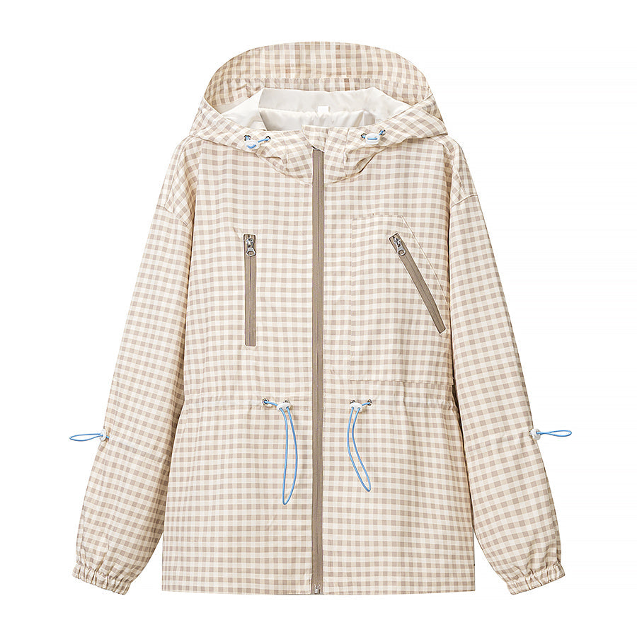 Waist Controlled Slimming Hooded Plaid Coat