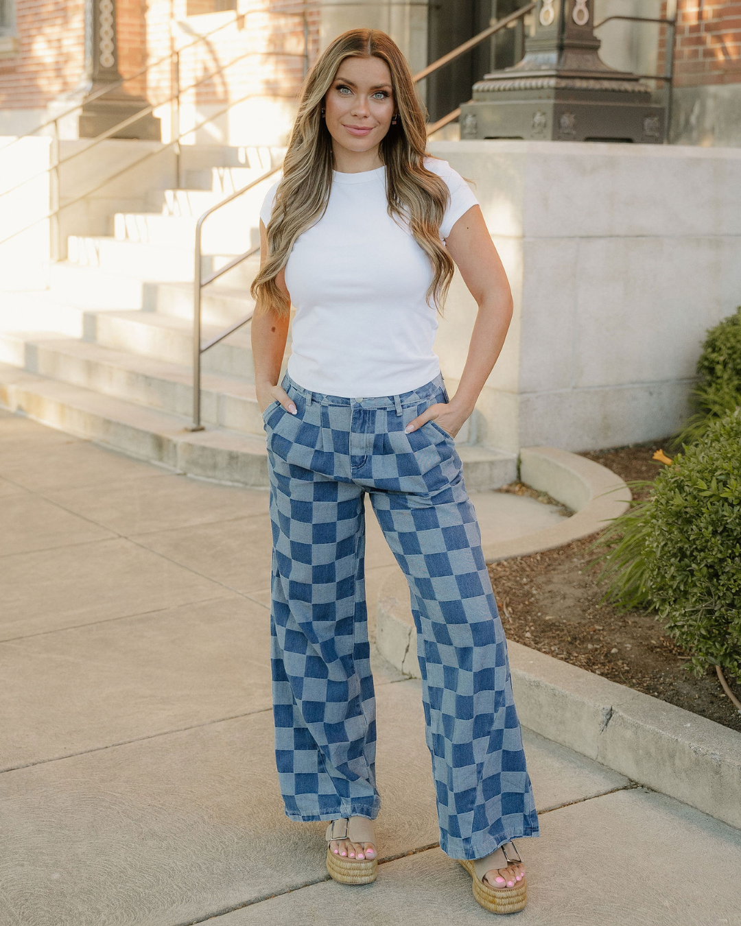 Naomi Checkered Denim Wide Leg Jeans