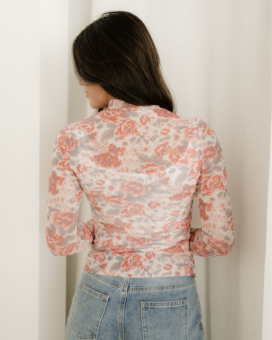 Ophelia Retro Floral Print Mock Neck Mesh Long Sleeve Top - White