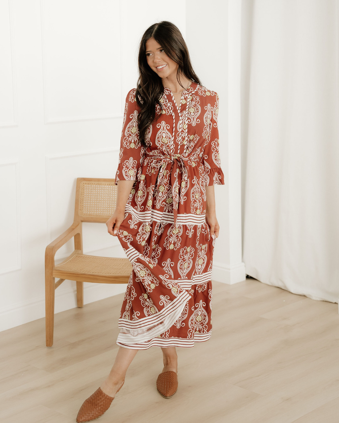 Harmony Floral Print Belted Striped Trim Tiered Maxi Dress