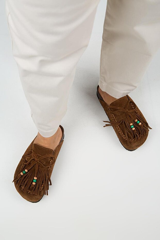 Manijero Malinda Women's Genuine Leather Tasseled Beaded Sabo Slipper