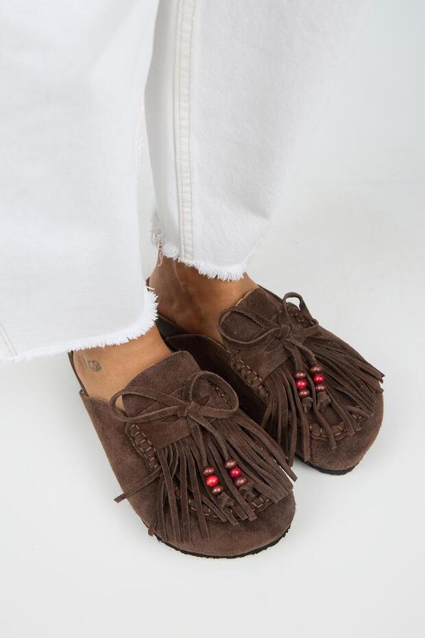 Manijero Malinda Women's Genuine Leather Tasseled Beaded Sabo Slipper