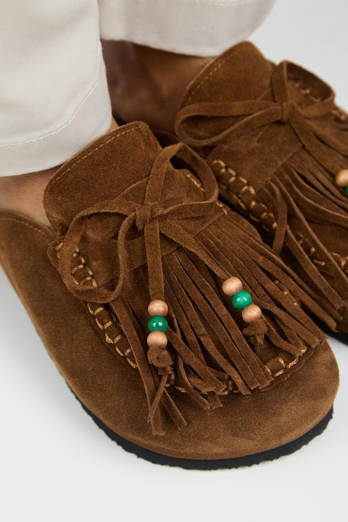 Manijero Malinda Women's Genuine Leather Tasseled Beaded Sabo Slipper
