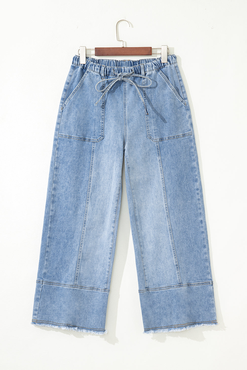 Denim Raw Hem Drawstring Wide Leg Pants
