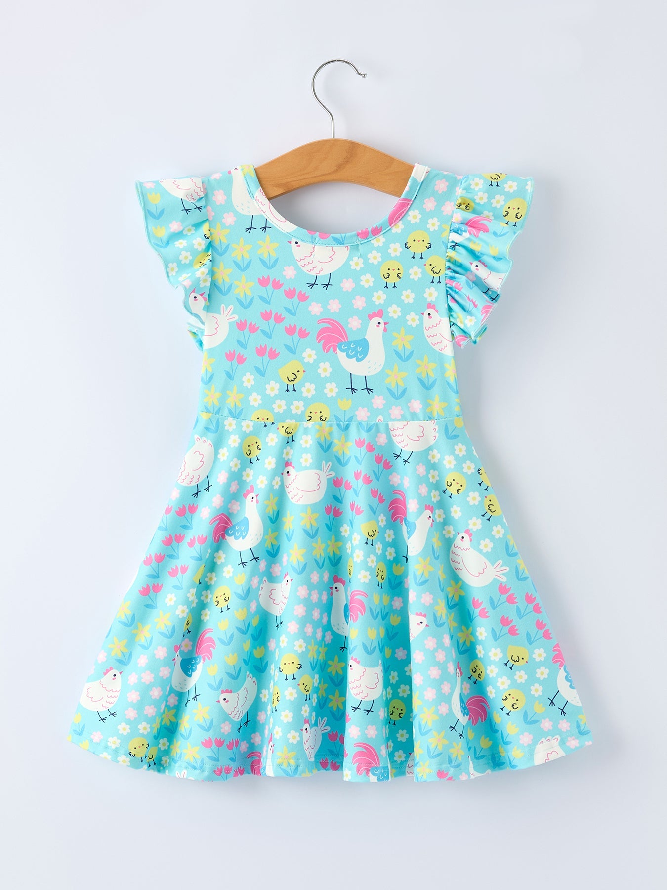 Aqua Chicken Floral Farm Print Girls Dress
