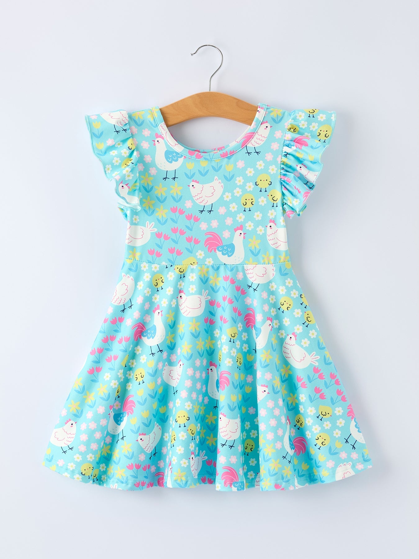 Aqua Chicken Floral Farm Print Girls Dress