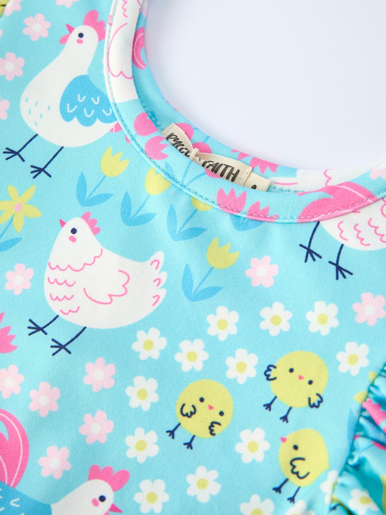 Aqua Chicken Floral Farm Print Girls Dress