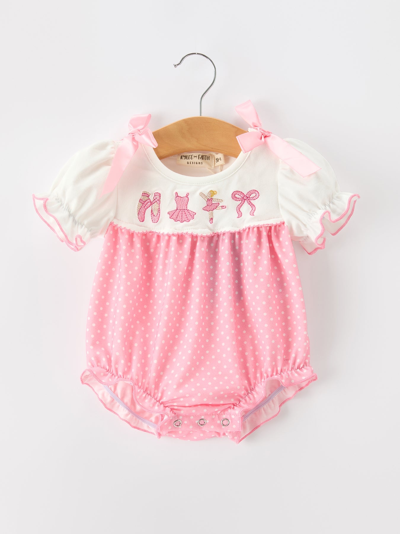 Pink Ballet Embroidery Bow Bubble Romper