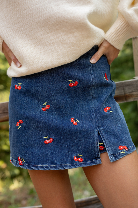 My Favorite Dark Wash Cherry Embroidered Side Slit Denim Skort