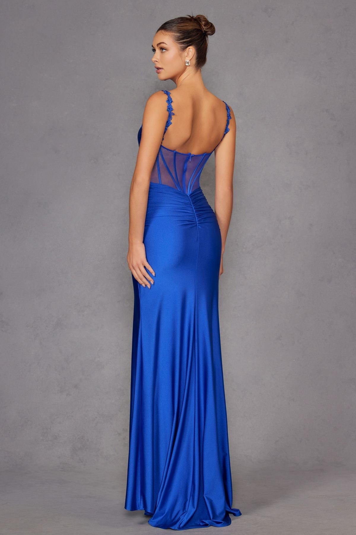 Long Fitted Floral Strap Evening Gown Side Slit
