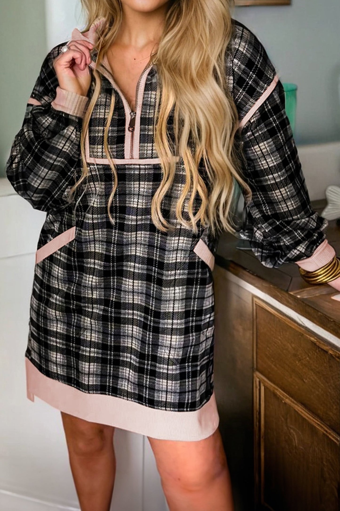 Black Plaid Polo Collar Zip up Mini Dress
