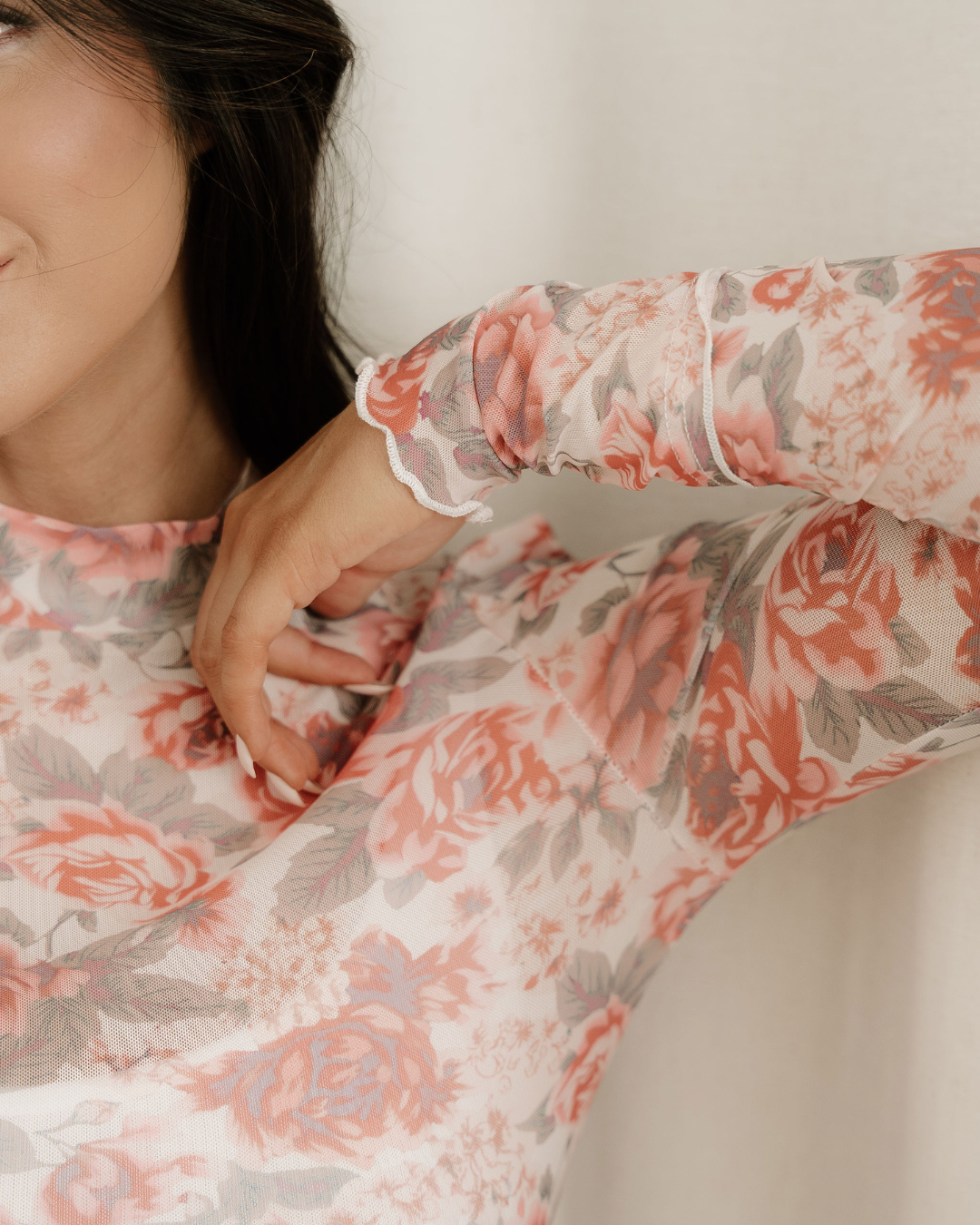 Ophelia Floral Print Mock Neck Mesh Long Sleeve Top