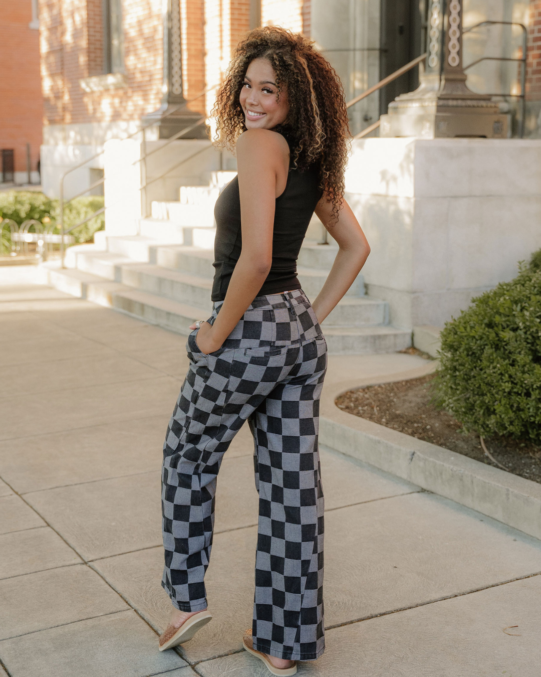 Naomi Checkered Denim Wide Leg Jeans