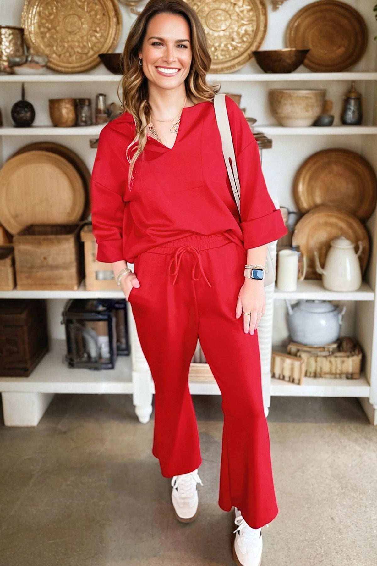Solid V-Neck Pullover and Drawstring Pants Set