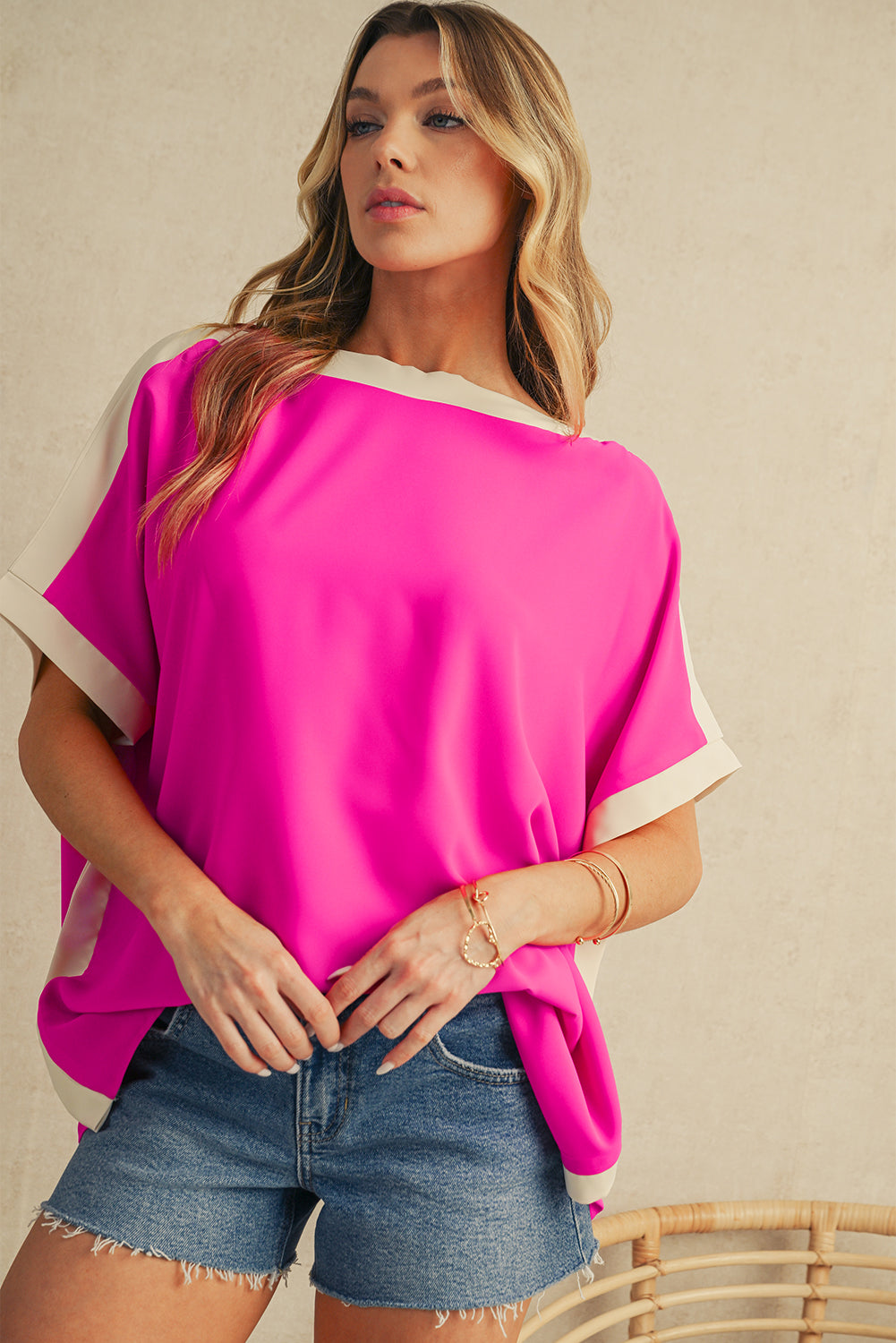 Color Block Boat Neck Tunic Blouse