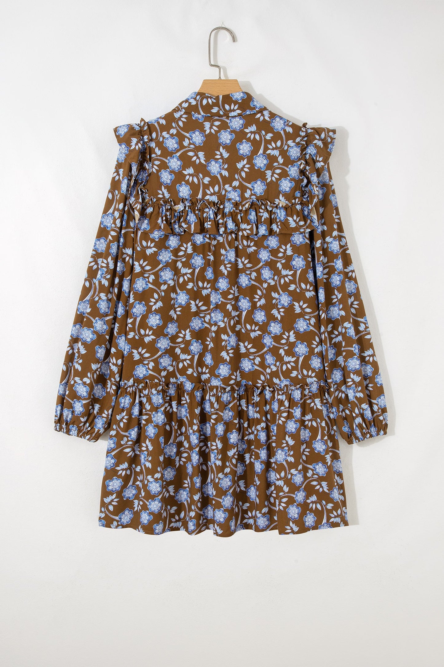 Floral Ruffle Shirt Collar Buttoned Long Sleeve Dress
