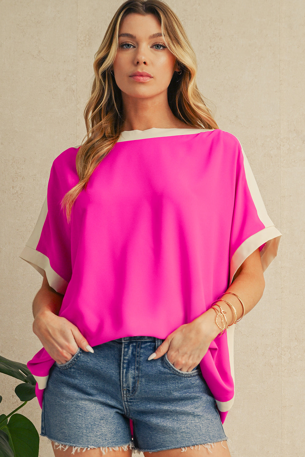 Color Block Boat Neck Tunic Blouse