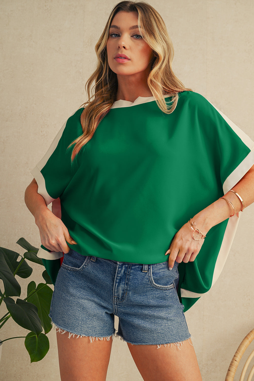 Color Block Boat Neck Tunic Blouse