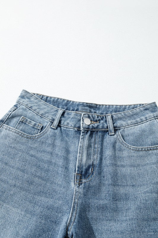 Solid Denim Embroidered Wide Leg Jeans