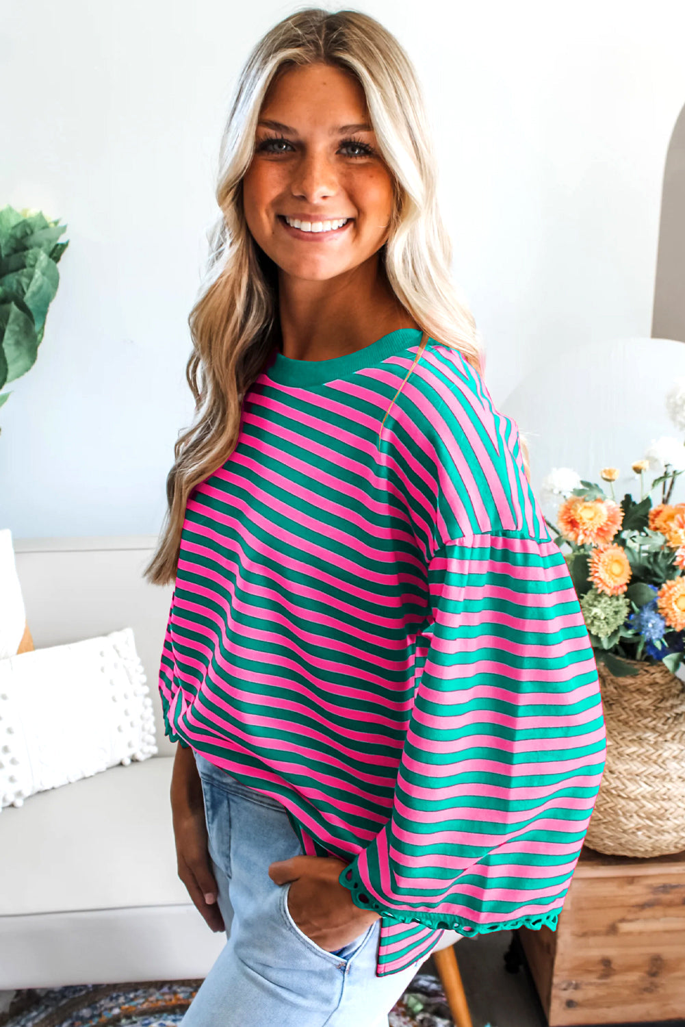 Stripe Lace Trim 3/4 Sleeve Top